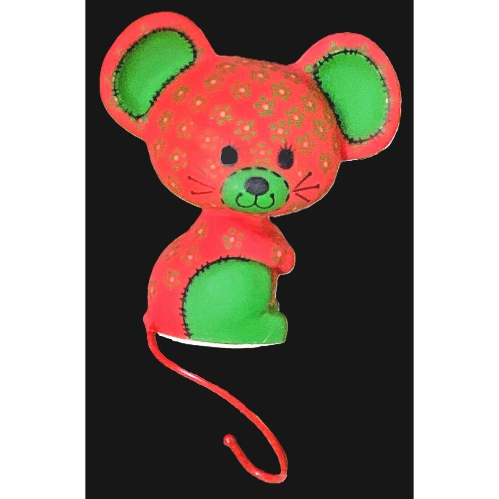 1977 Hallmark Red/Grn Boho CALICO MOUSE Stocking Hanger Sitter Ornament NOS Vtg